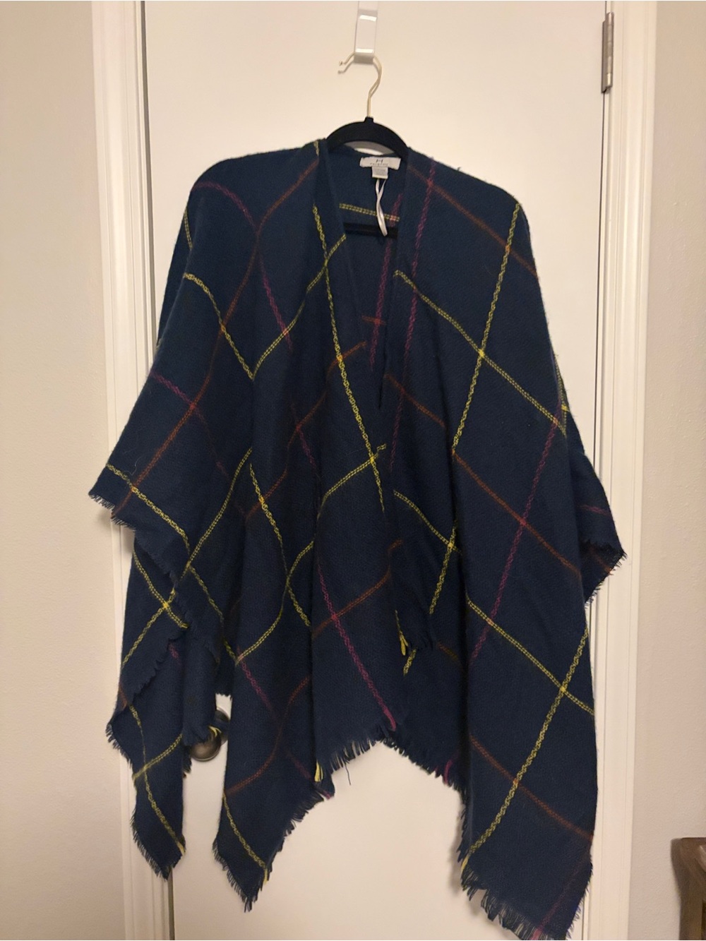 Halston Heritage Navy Plaid Fringe Throw Cape